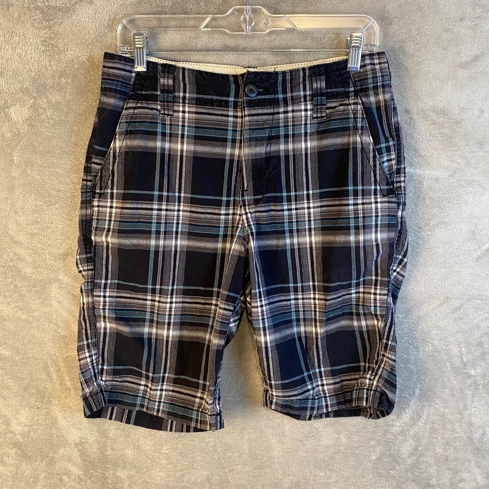 Roebuck & Co Shorts Mens 30 Plaid Navy Blue Flat Front Cotton EUC